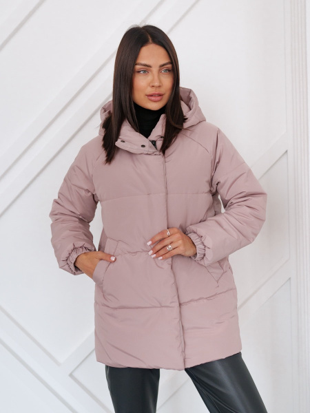 Полупальто женское зимнее с капюшоном, бежево-розовое